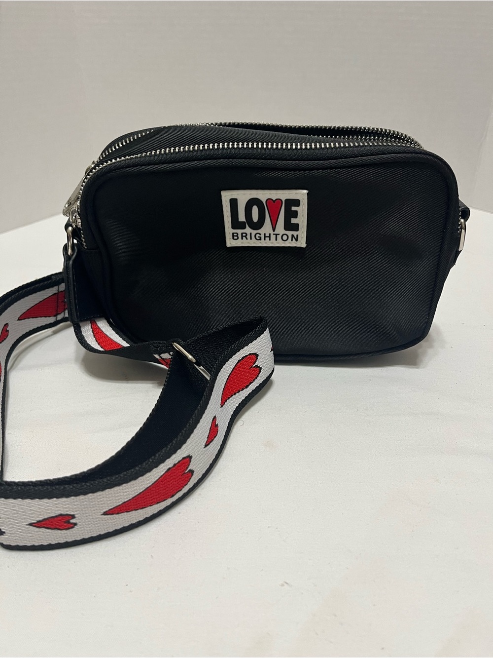 Brighton Black Crossbody with Red Heart Strap